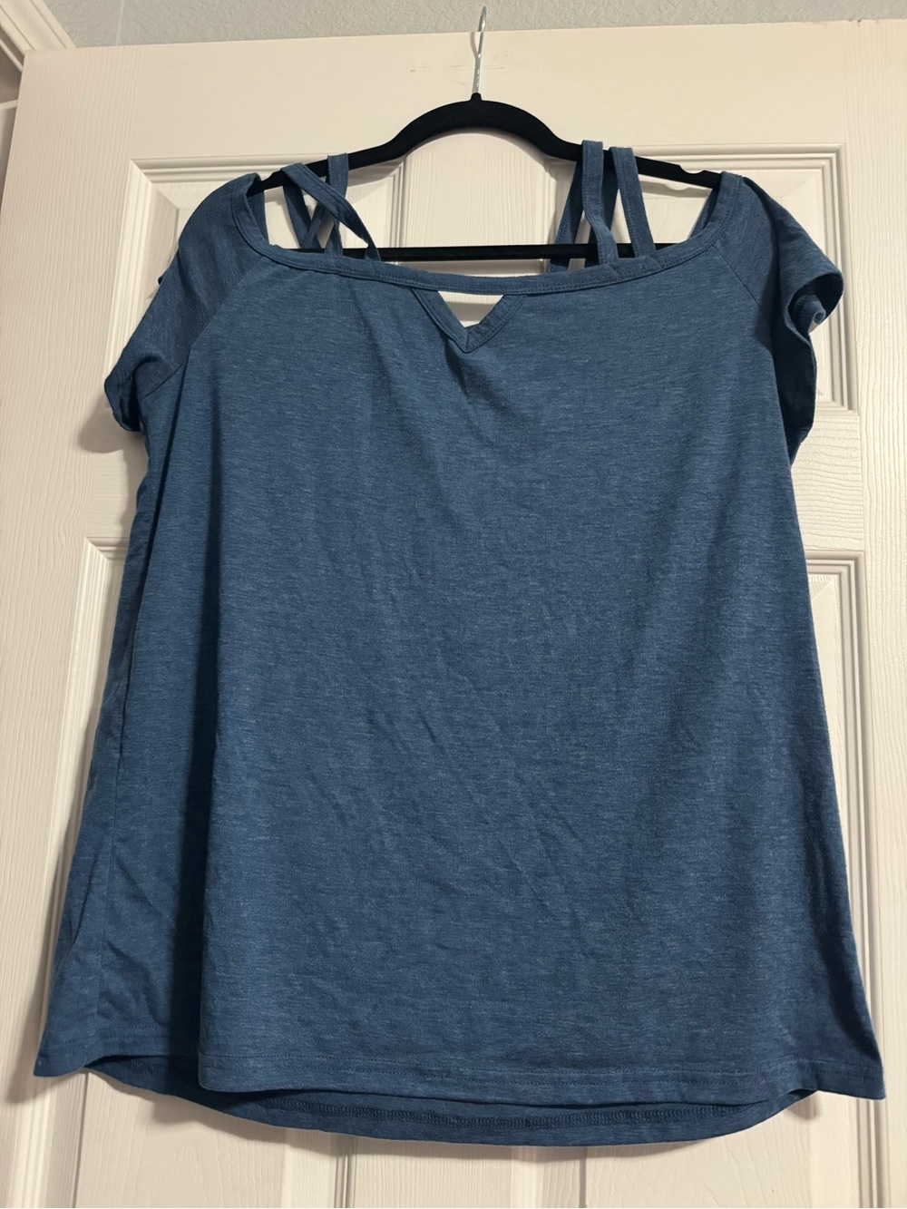 Blue Double-Strap Cold-Shoulder Short Sleeve Top